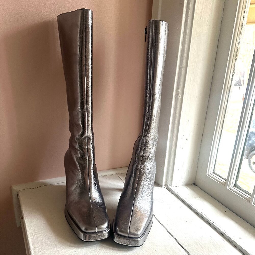 Jeffrey Campbell Crinkled Silver Knee-High Block Heel Boots - Picture 6 of 13